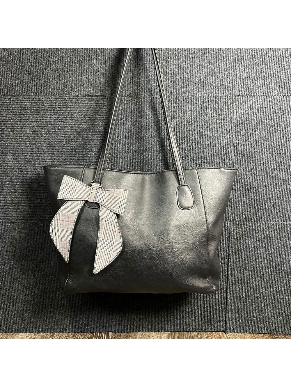 Black Faux-leather Tote Bag and Plaid Bow 16”x12”